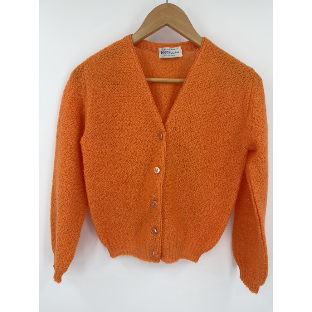 Vtg LeRoy Knitwear California Mohair Wool Blend V Neck Orange Cardigan Sweater